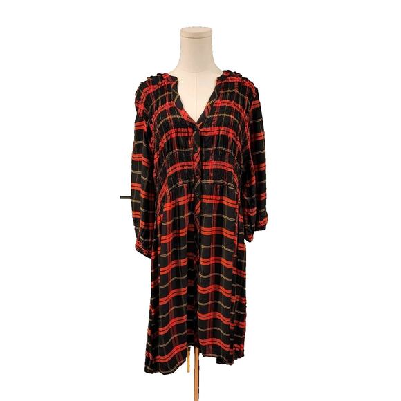 Torrid smocked Tunic Mini Dress Black Red Plaid Twill NWT New 2X - Picture 3 of 8